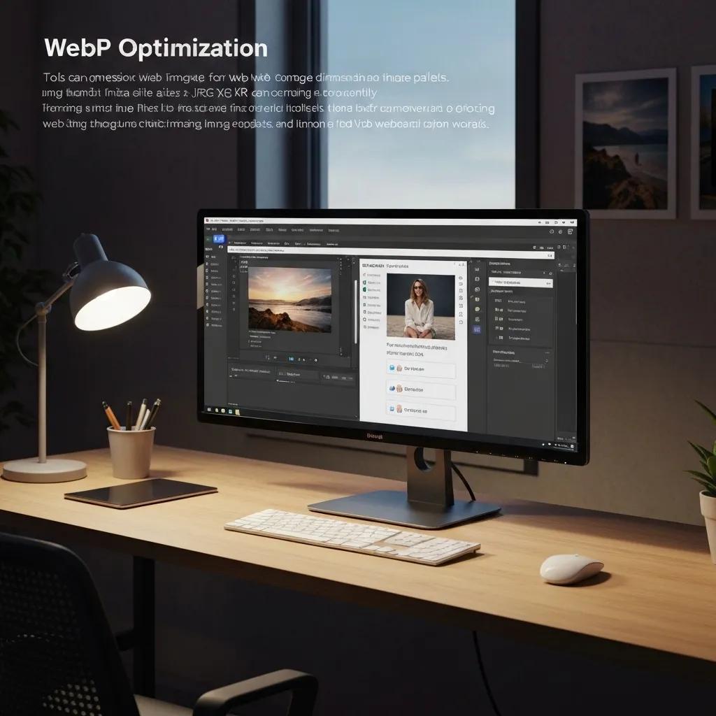 A visual representation of image optimization techniques, showing a computer screen with image editing software