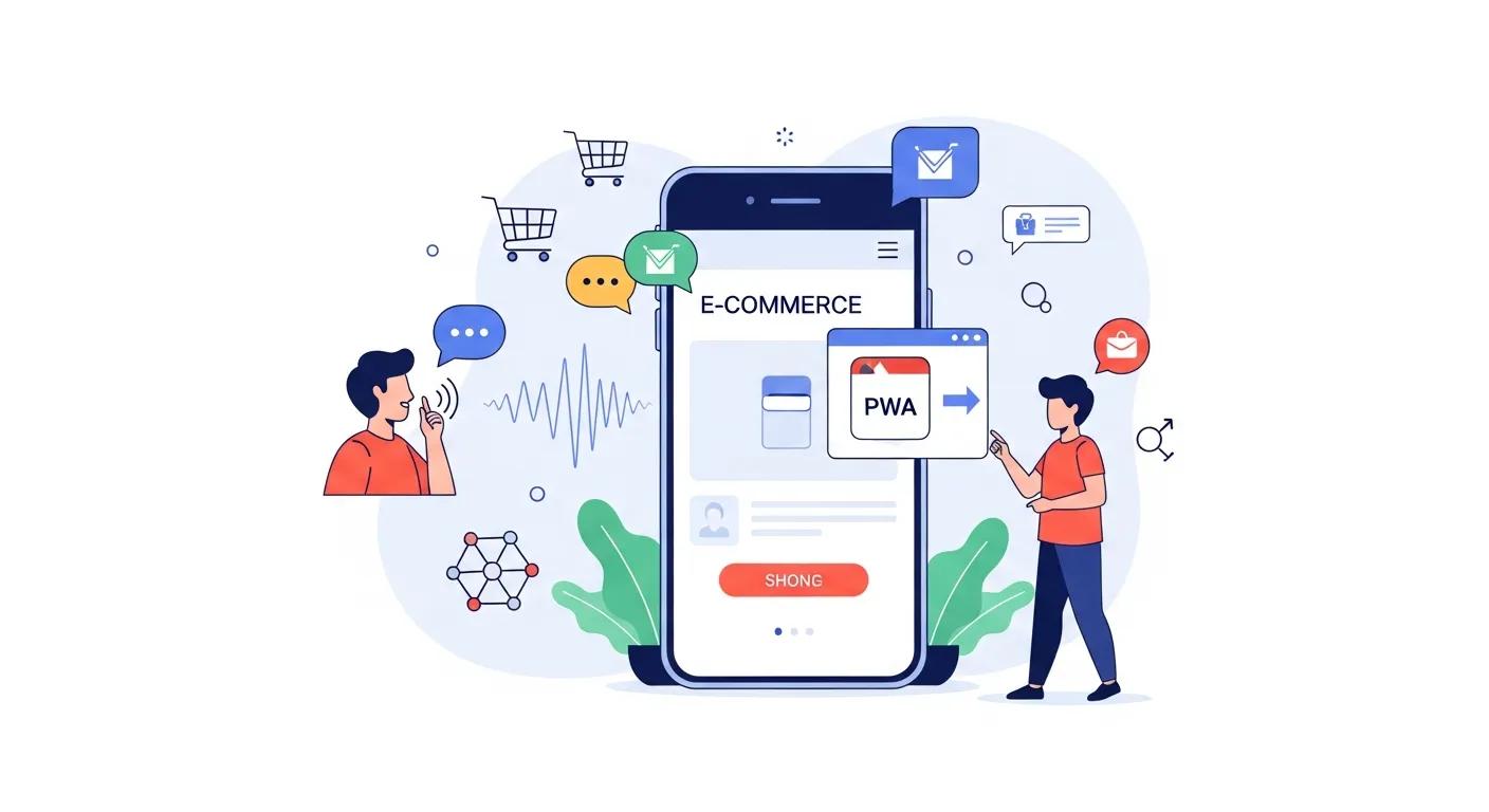 An illustration depicting emerging mobile commerce trends such as voice shopping and progressive web applications
