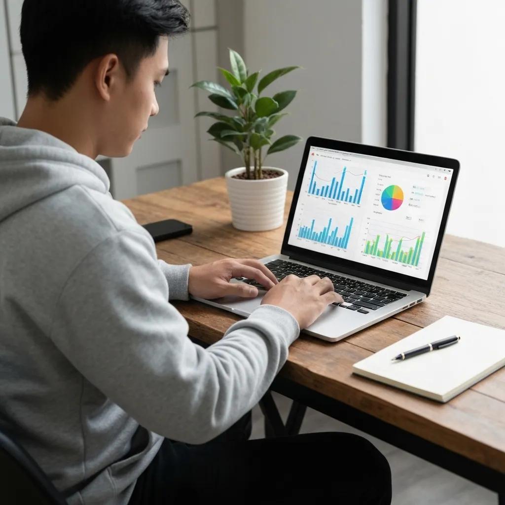 A person intently analyzing website performance metrics on a laptop in a comfortable office setting, surrounded by graphs and charts.