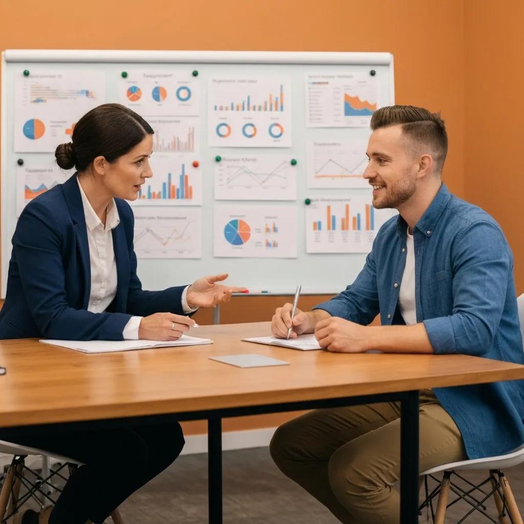 Consultant discussing SEO strategies with a Shopify store owner in a professional setting