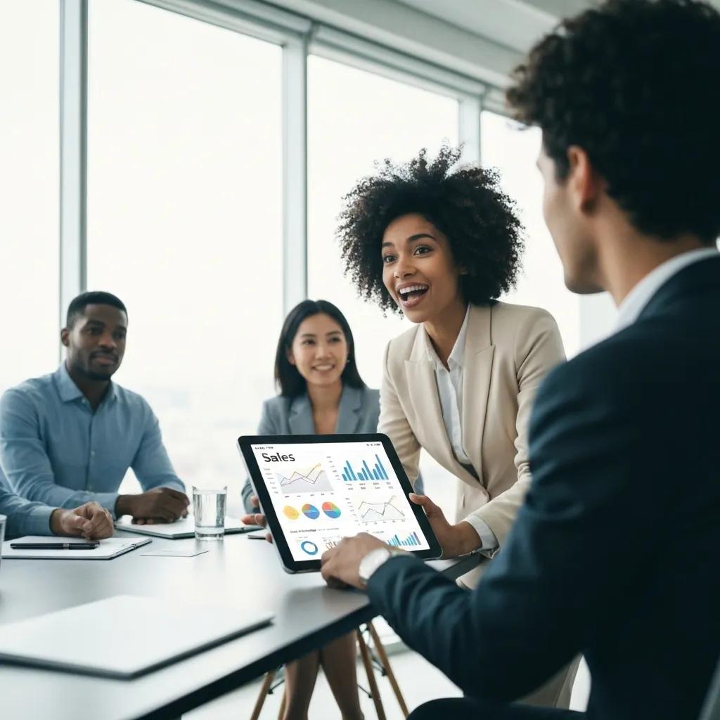 Small business owner presenting sales data to colleagues
