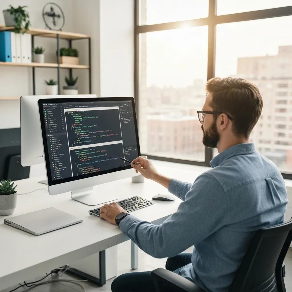 A skilled developer meticulously crafting custom Shopify integrations with code and advanced tools