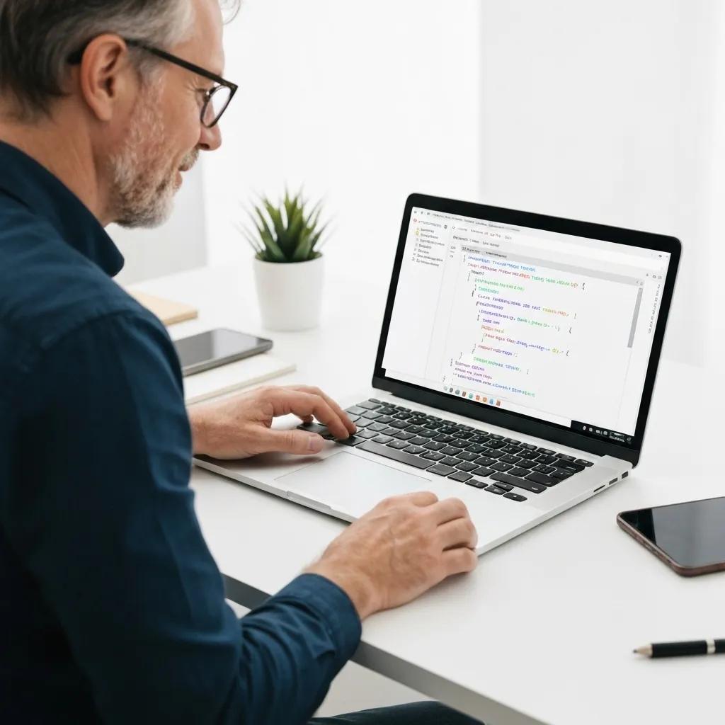 A skilled developer meticulously integrating Shopify apps on a laptop, showcasing clean code and efficient workflow.