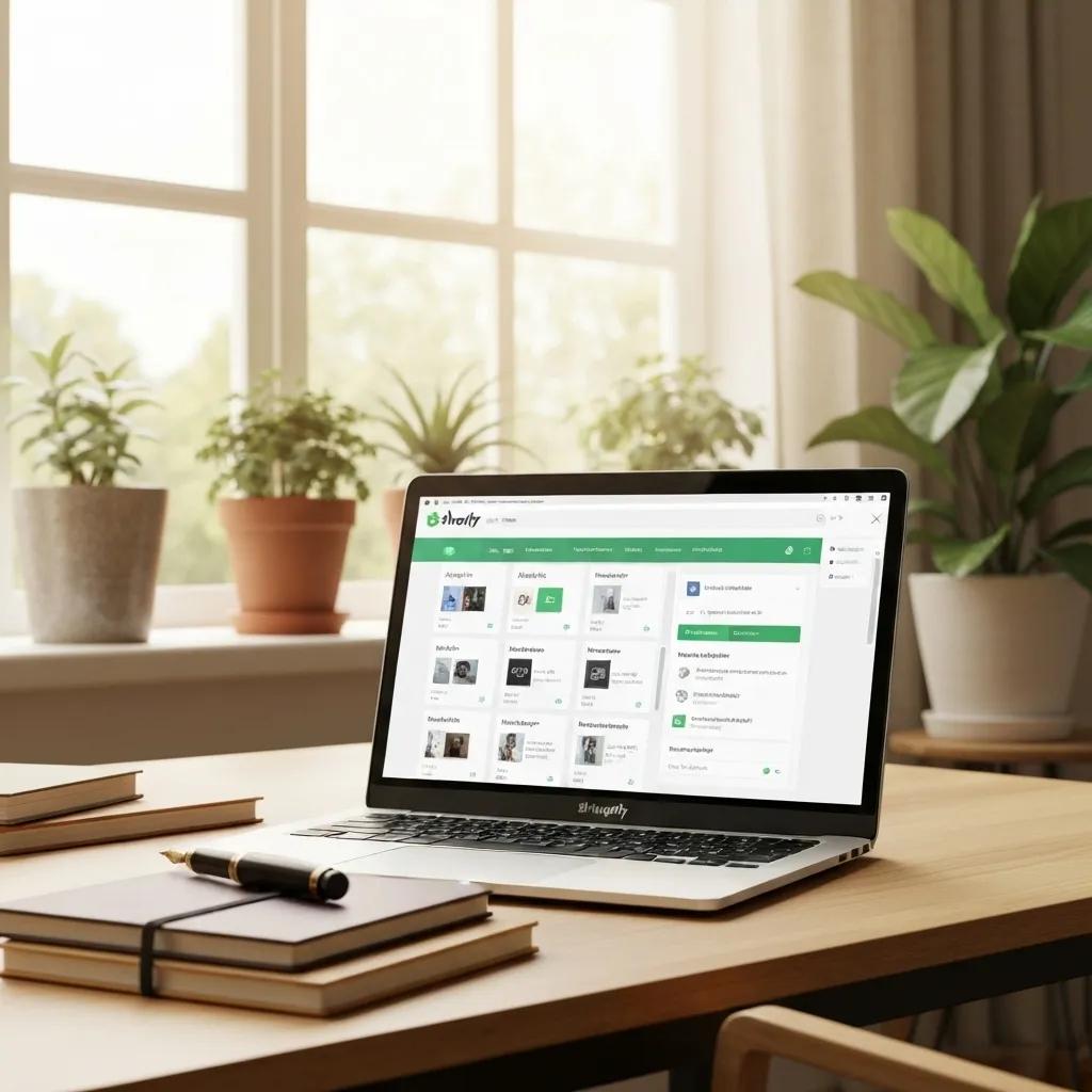 A sleek laptop displaying the Shopify admin dashboard, set against the backdrop of a cozy, well-lit home office, showcasing the platform's user-friendly interface.
