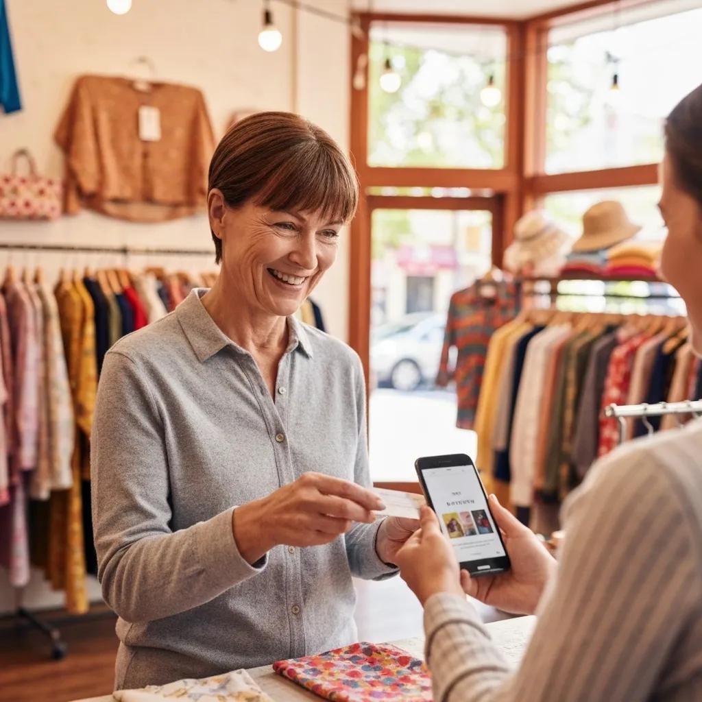 A customer happily interacting with a loyalty program interface on their mobile device, illustrating the tangible benefits of customer retention programs.