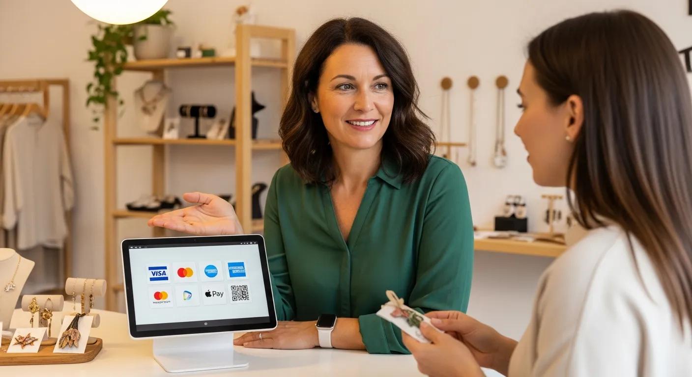 A business owner patiently explaining various payment options to a customer at the checkout counter
