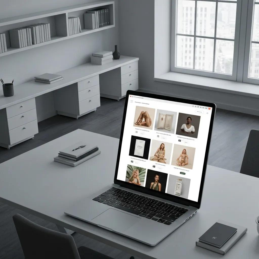 A premium Shopify theme showcasing an elegant product page within a stylish office setting