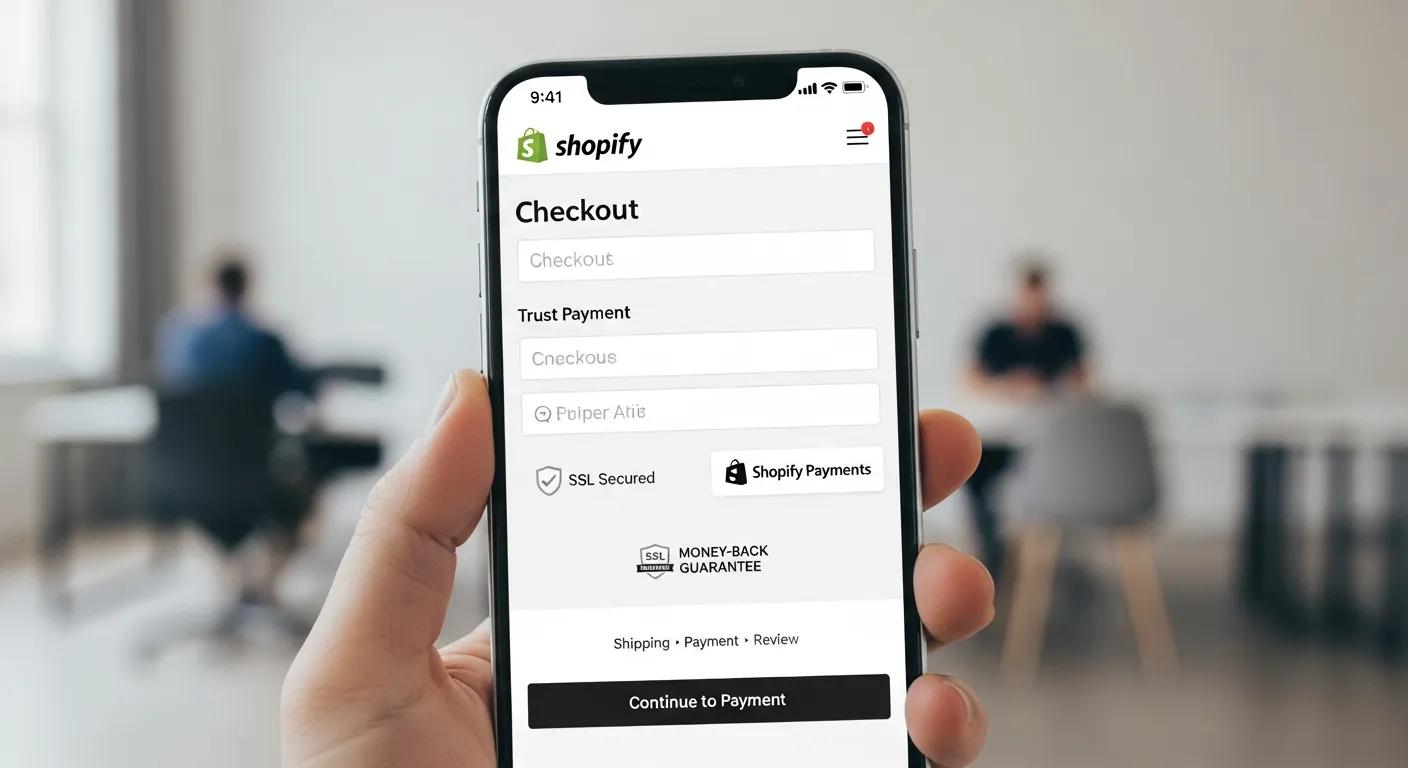 Simplified Shopify checkout process on a smartphone with trust signals and user-friendly interface