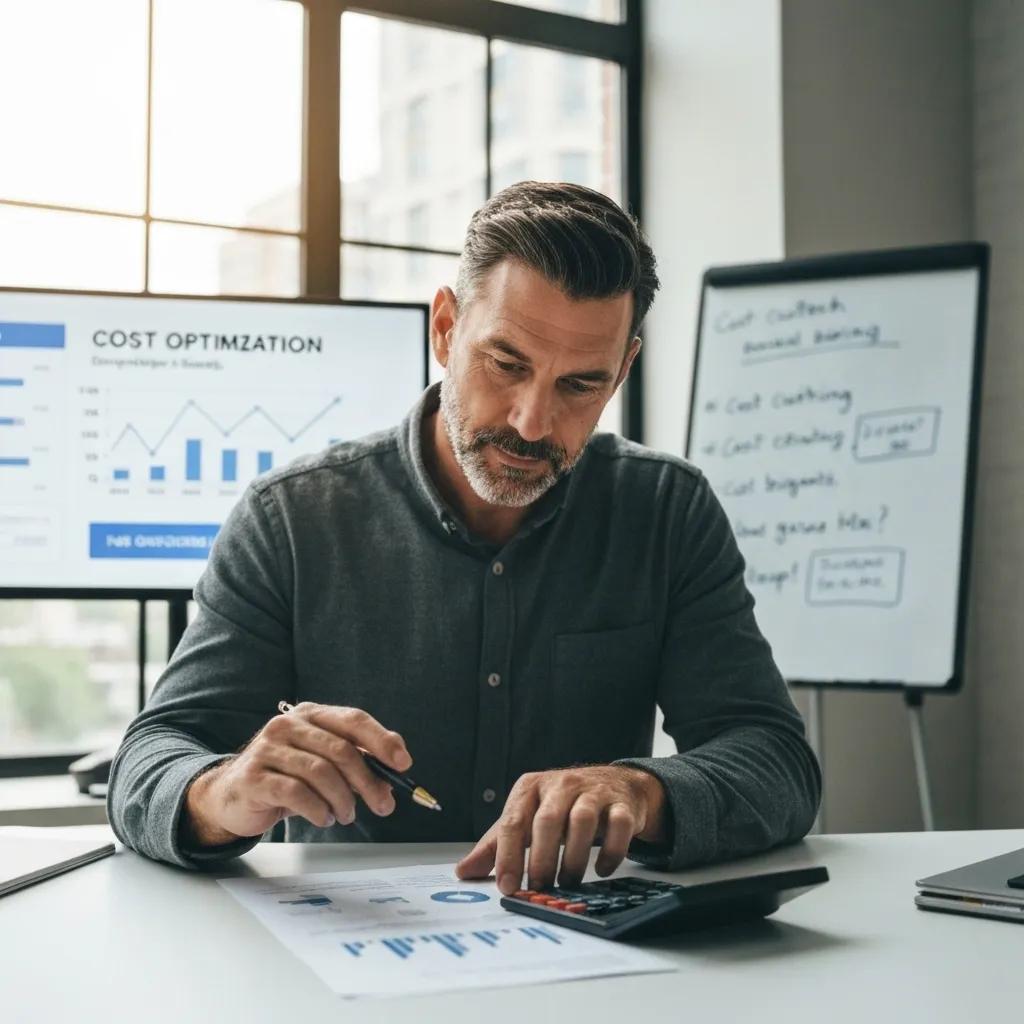 A business owner meticulously reviewing financial documents to optimize Shopify expenses