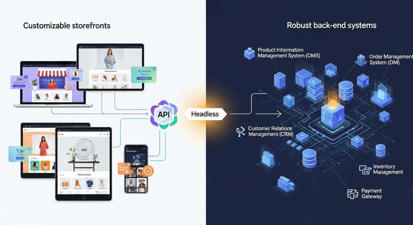 Illustration of headless commerce benefits showcasing customizable storefronts and robust back-end systems