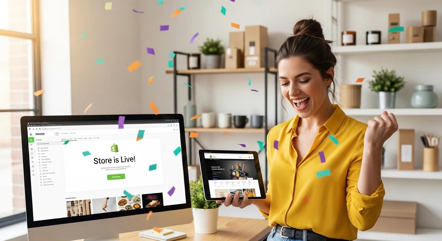 A vibrant image celebrating the launch of an online store, capturing the excitement of going live with Shopify