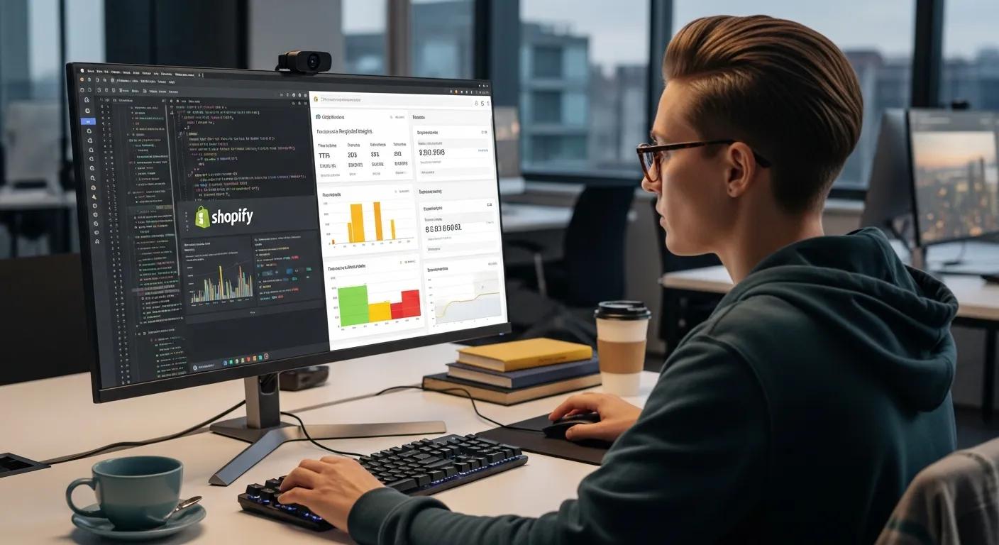 A developer meticulously optimizing a Shopify Plus store's performance, analyzing code and performance metrics on their screen.