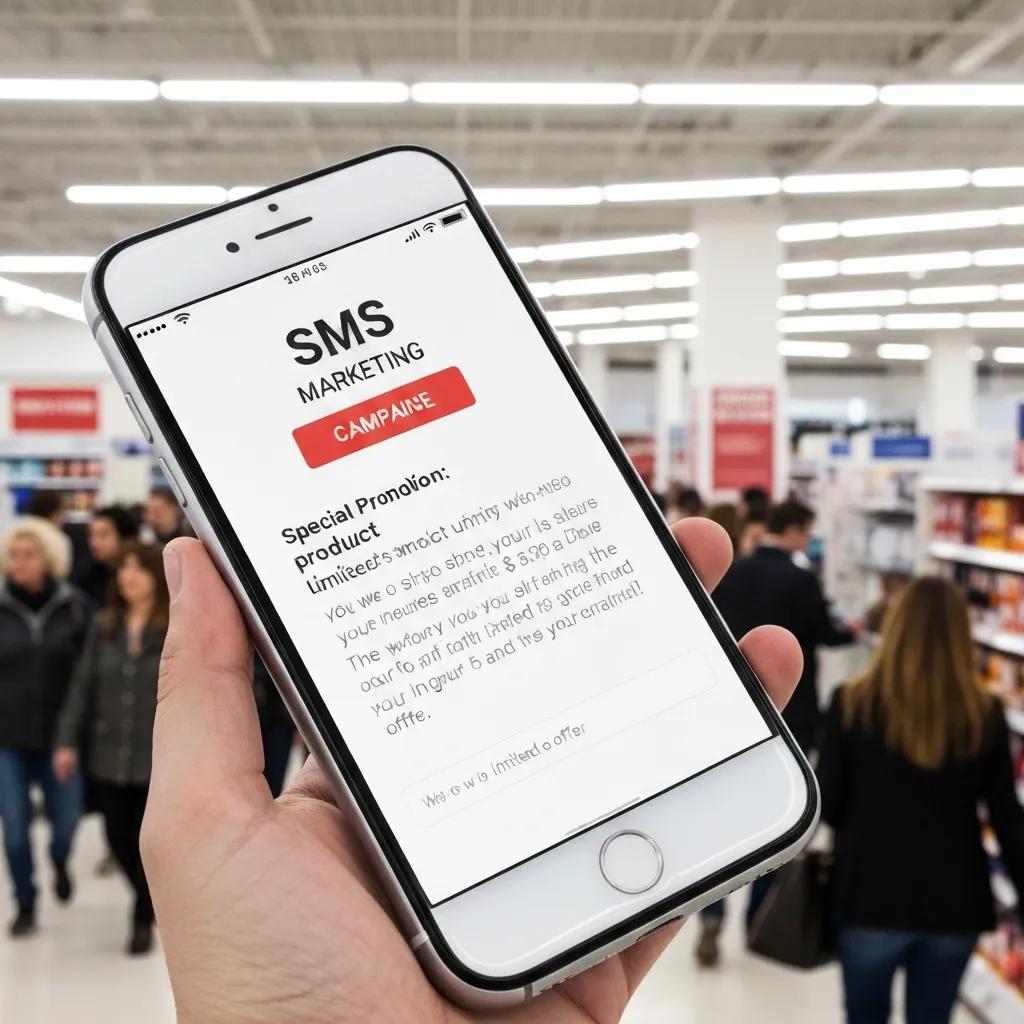 A smartphone displaying a compelling SMS marketing notification in a dynamic retail setting