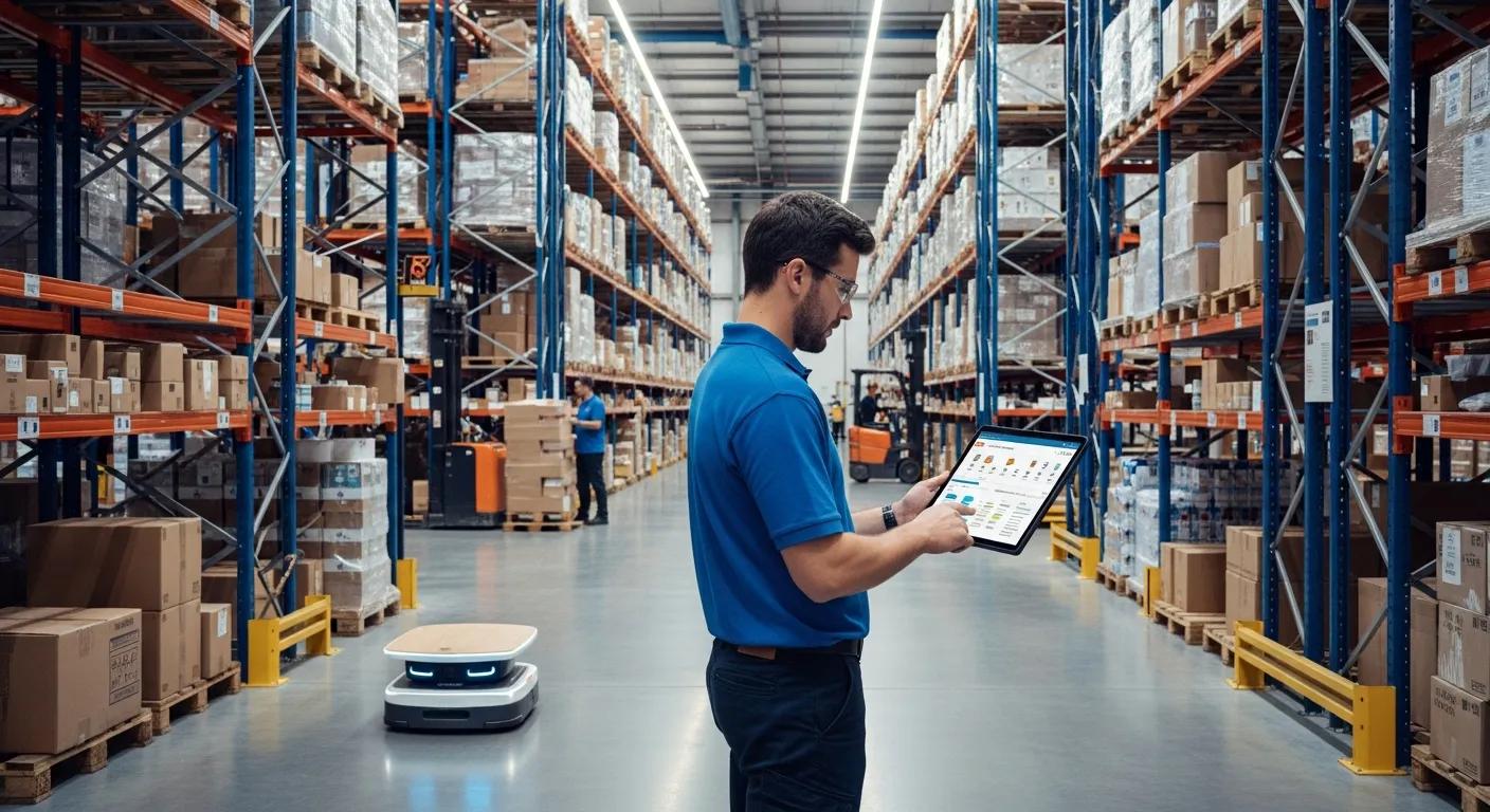 A modern warehouse environment showcasing streamlined inventory management with a team member utilizing a tablet