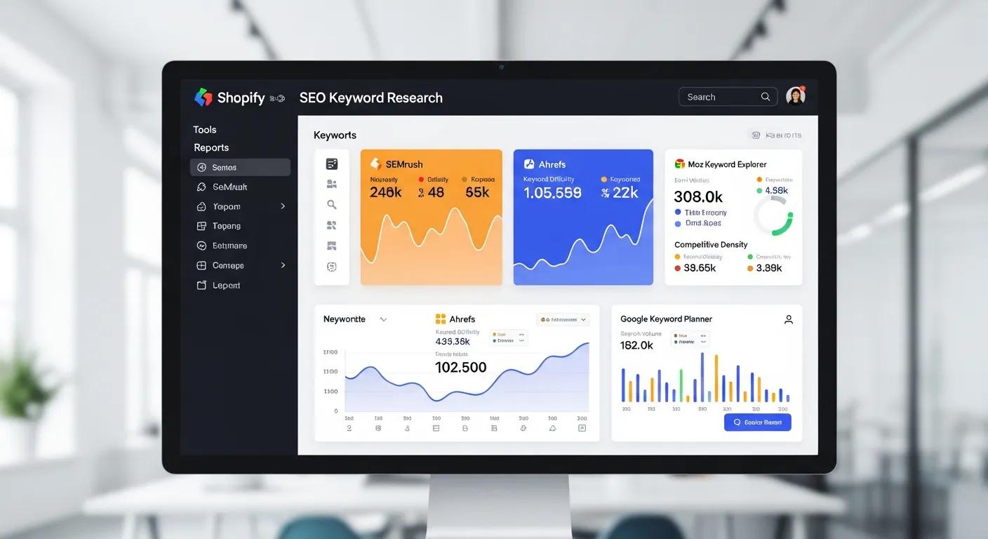 A dynamic dashboard showcasing essential keyword research tools for Shopify SEO, highlighting key platforms for success