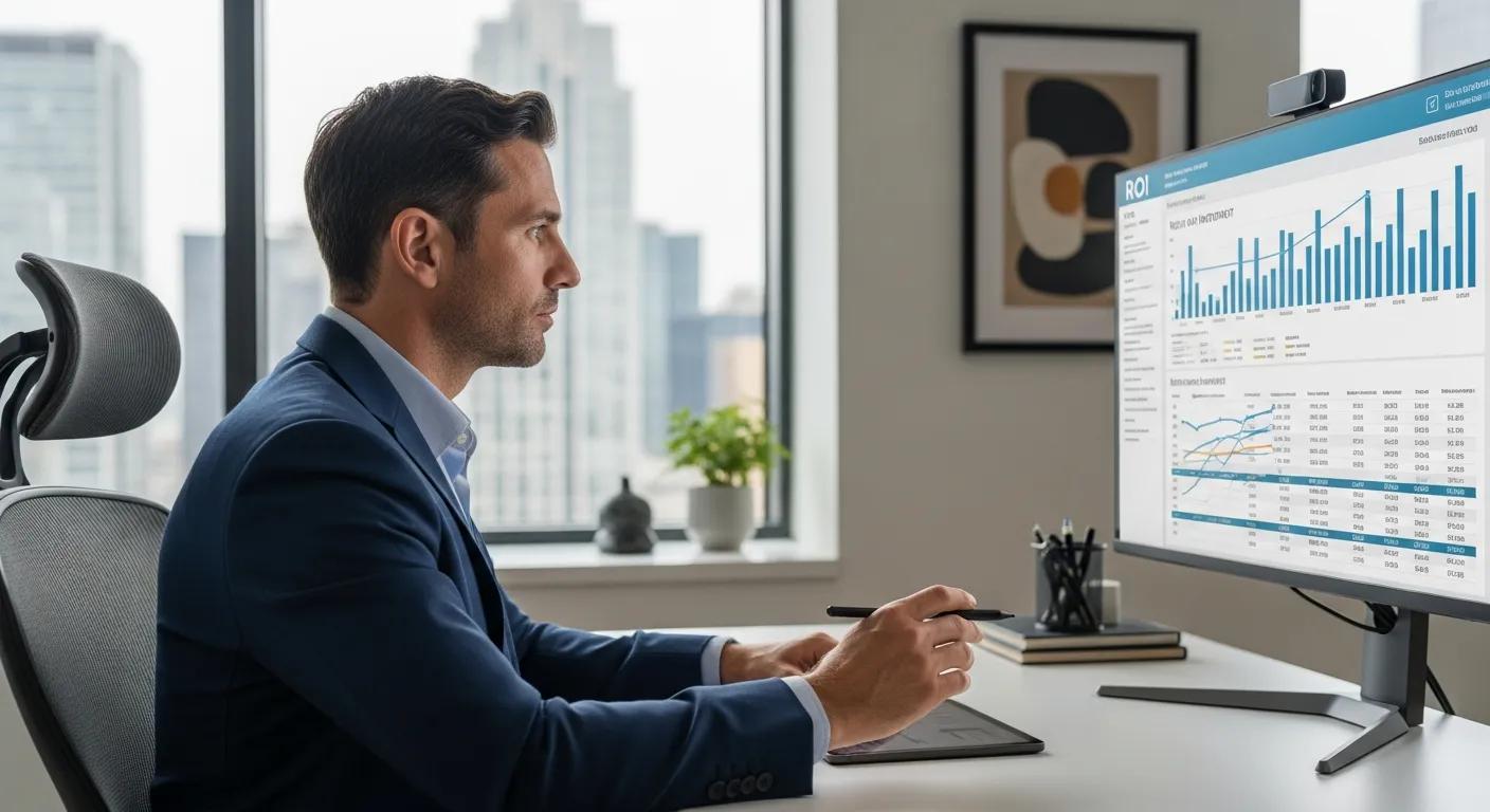 Business professional analyzing ROI metrics in a modern office setting