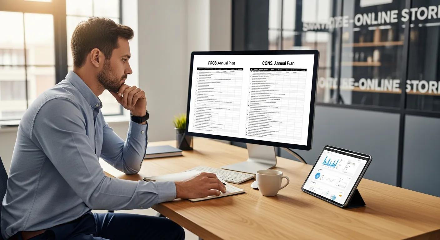 E-commerce entrepreneur carefully considering the pros and cons of committing to annual plans