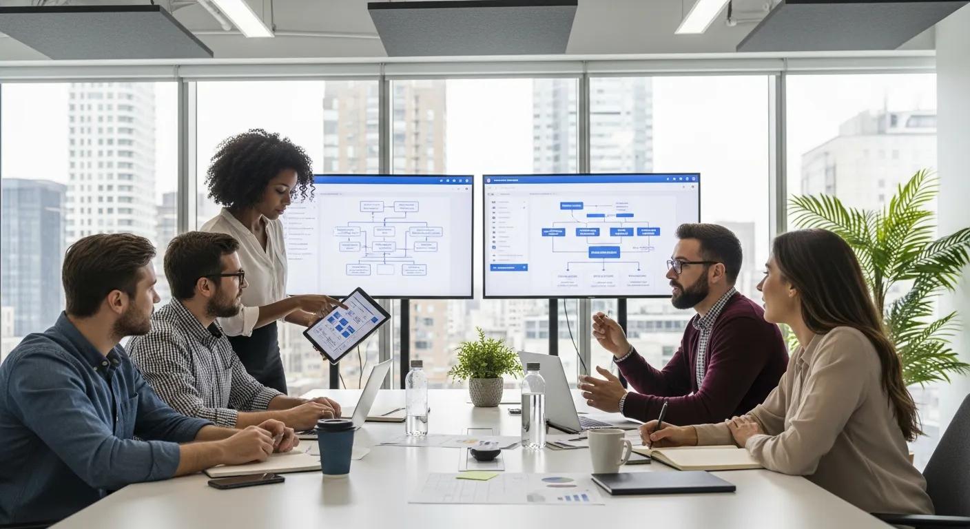 A high-performing team strategizing e-commerce automation in a modern, collaborative office environment