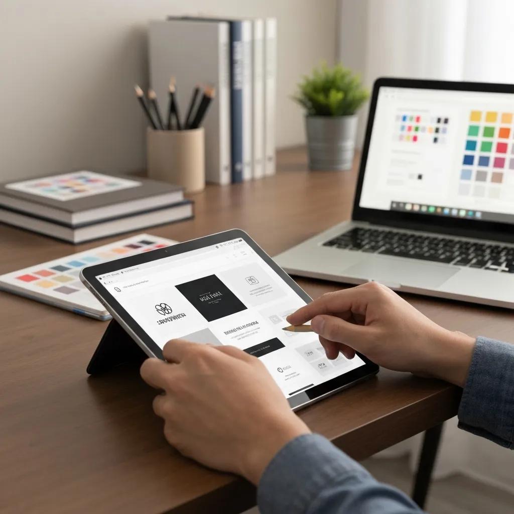 A designer meticulously working on advanced Shopify customization techniques using a digital tablet