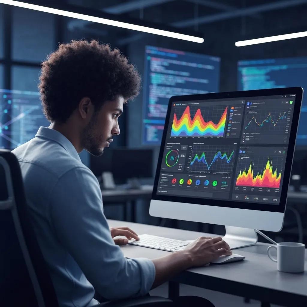 A person intently analyzing fraud detection tools on a computer screen in a modern, tech-focused workspace