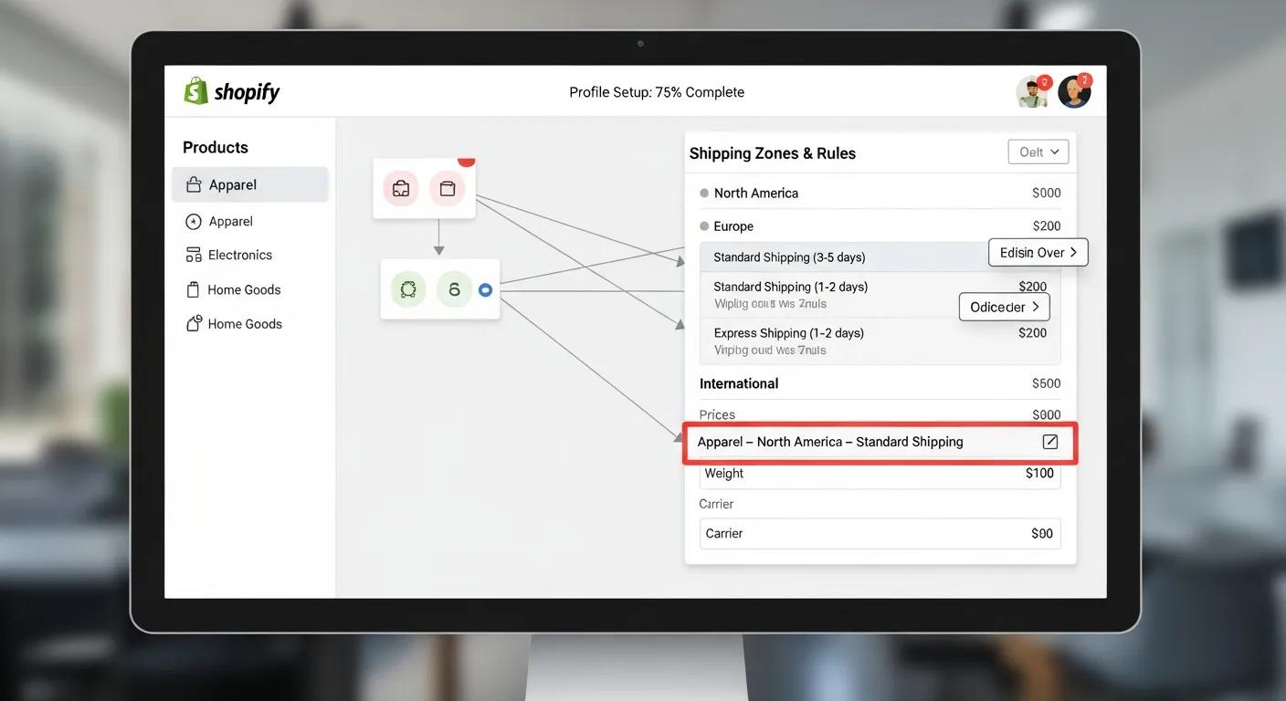 A visual representation of setting up a Shopify shipping profile, emphasizing how products are categorized and linked to specific shipping rules.