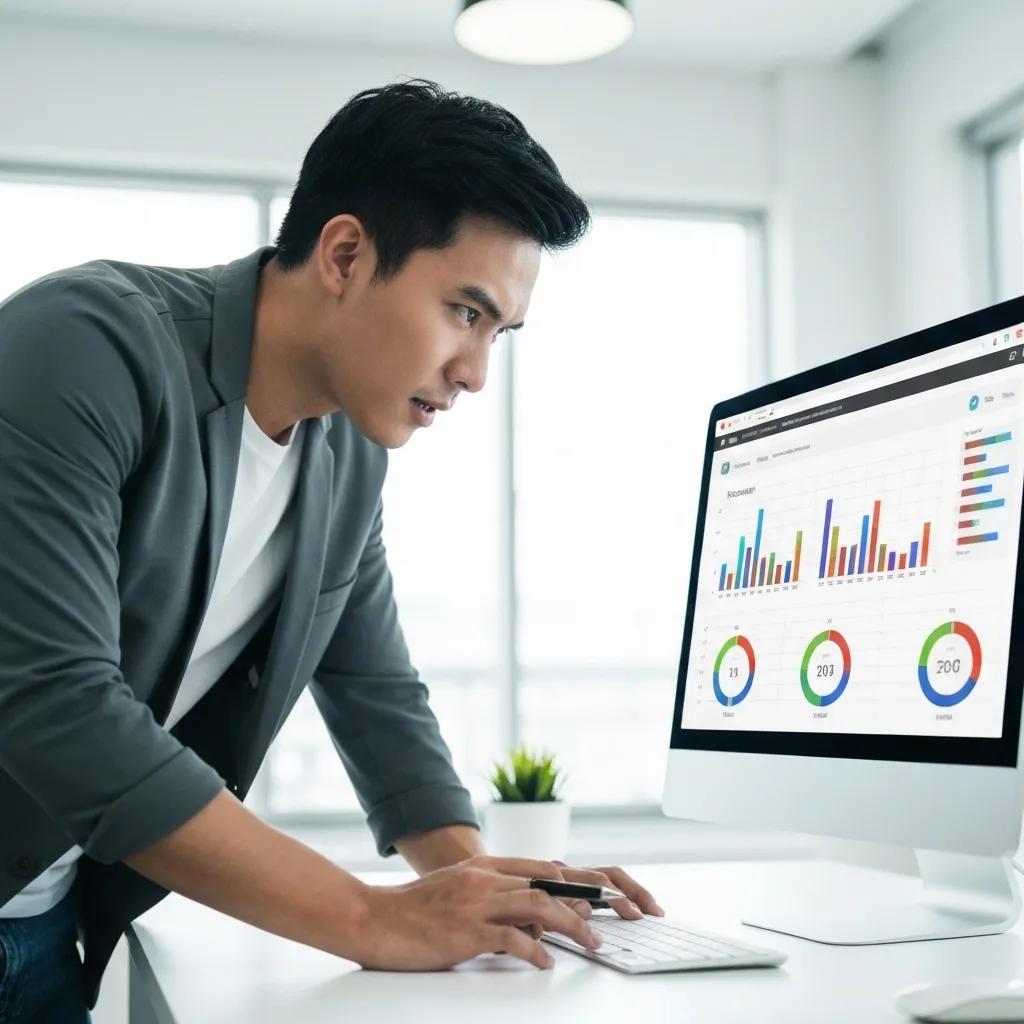 Individual analyzing website performance metrics on a computer screen
