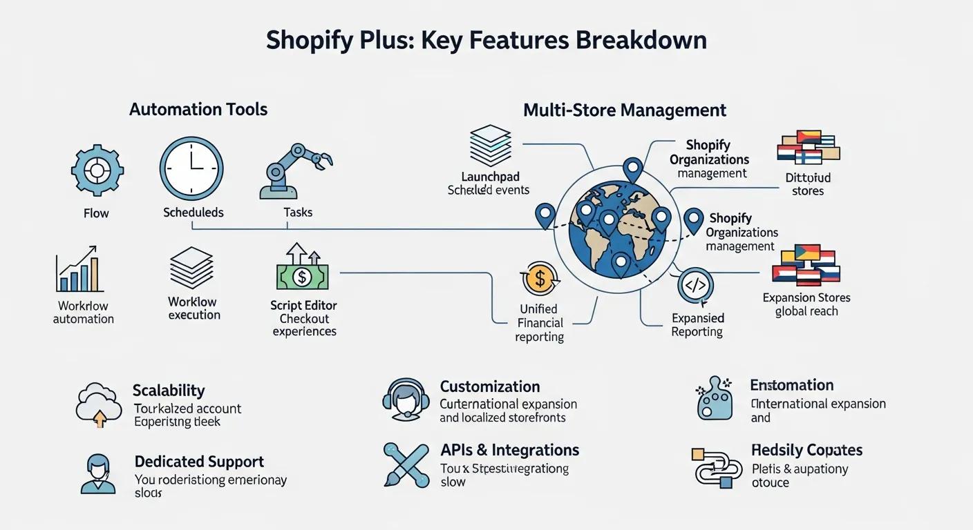 A visual breakdown of key Shopify Plus features, including automation tools and multi-store management capabilities.
