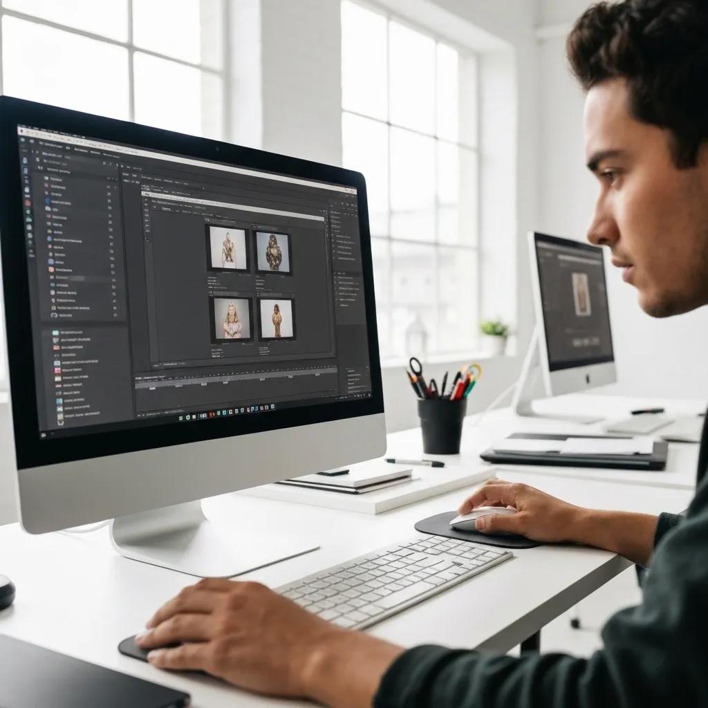 A person meticulously optimizing product images on a computer screen, demonstrating best practices for Shopify image SEO