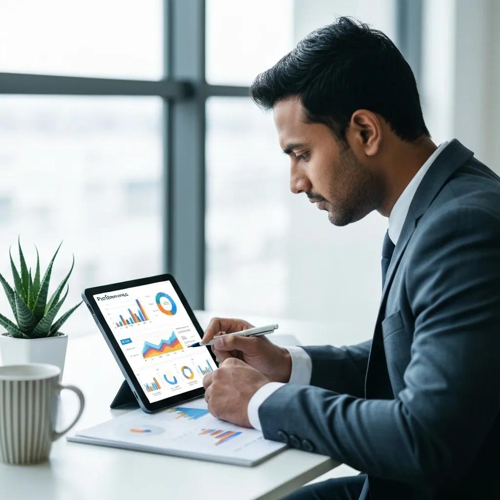 A professional analyzing real-time performance metrics on a tablet in a sleek, modern office setting