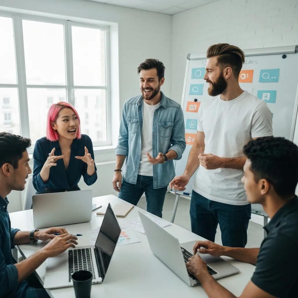 A social media marketing team collaborating on local engagement strategies in a modern office environment