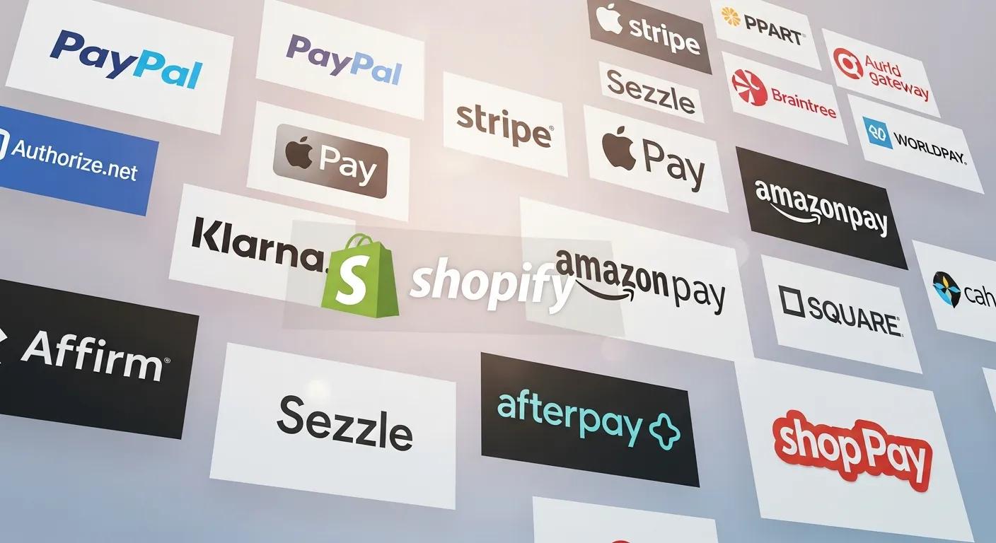 A visual collage of various third-party payment gateway logos, emphasizing the wide range of choices available for Shopify merchants