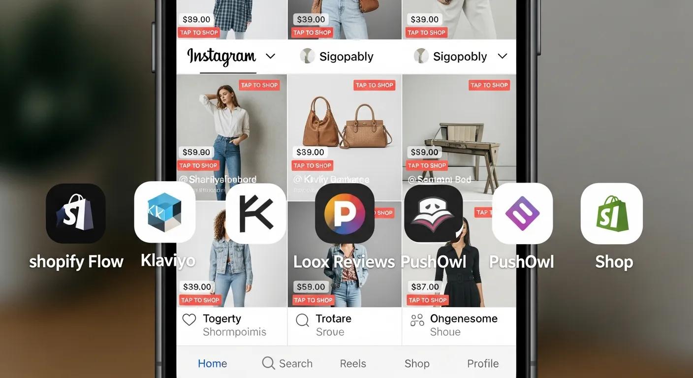 Smartphone displaying shoppable Instagram feed and icons of popular Shopify apps for integration