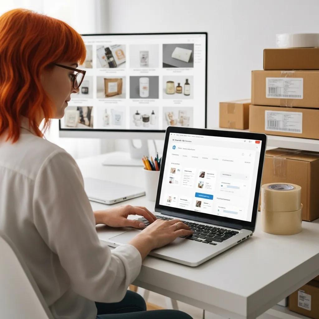 Person managing an online store on a laptop, highlighting e-commerce capabilities