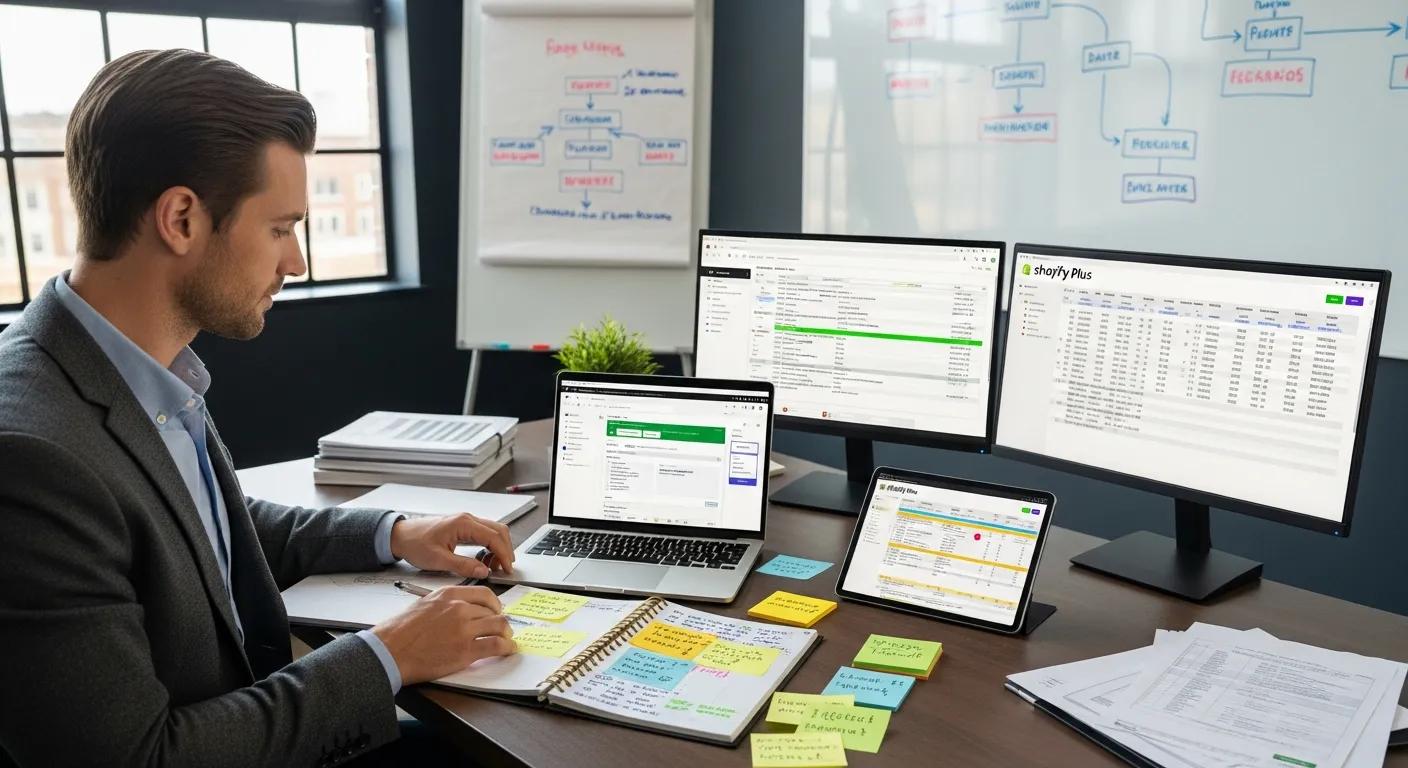 A professional meticulously preparing for a Shopify Plus migration, surrounded by essential tools and checklists
