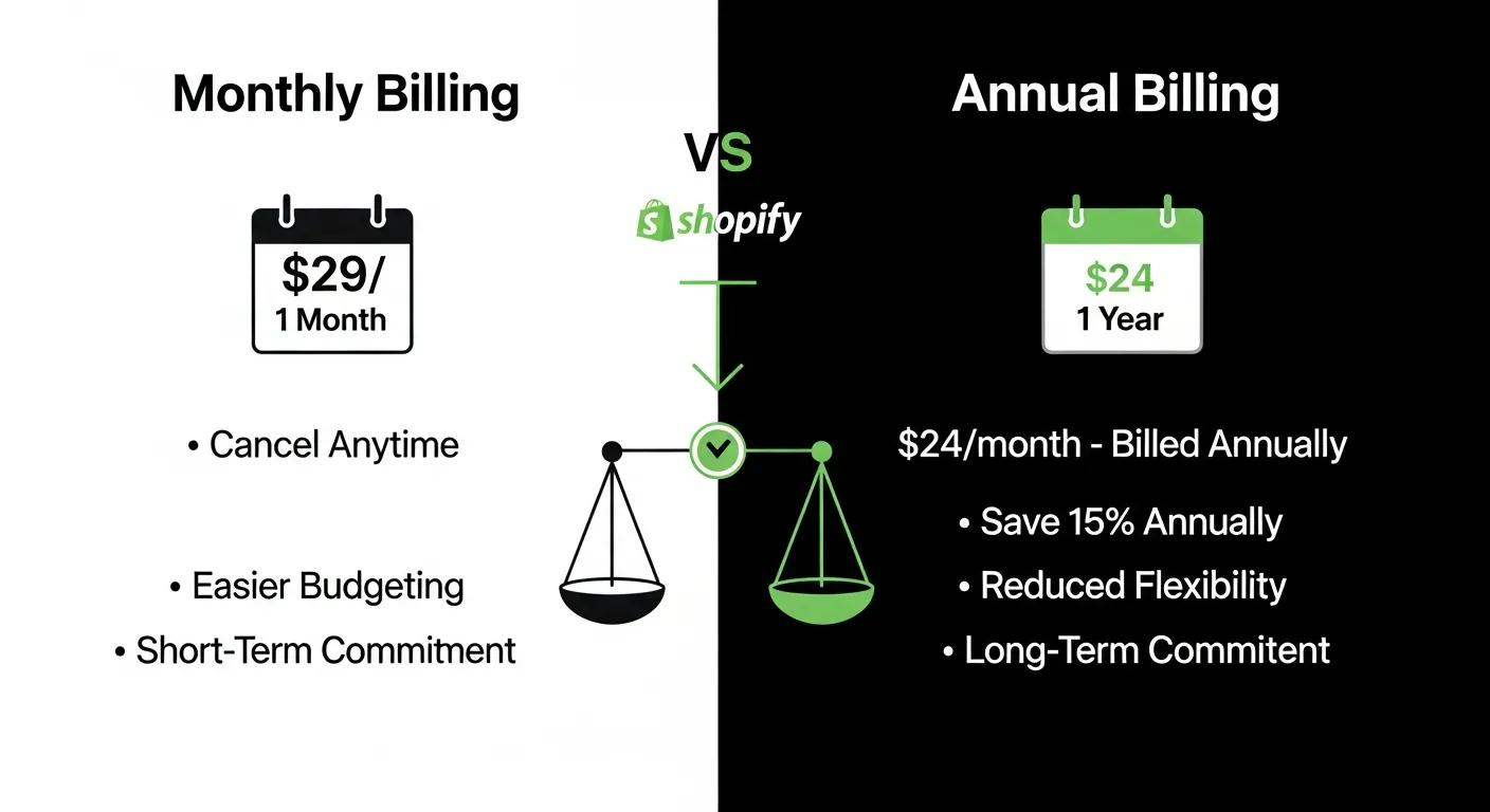 A clear visual comparison of the cost and flexibility of monthly versus annual billing options for Shopify subscriptions.