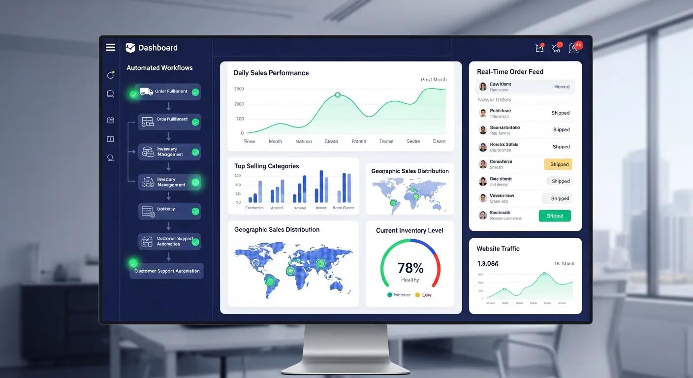 A dynamic digital dashboard showcasing automated workflows and key analytics for e-commerce operations