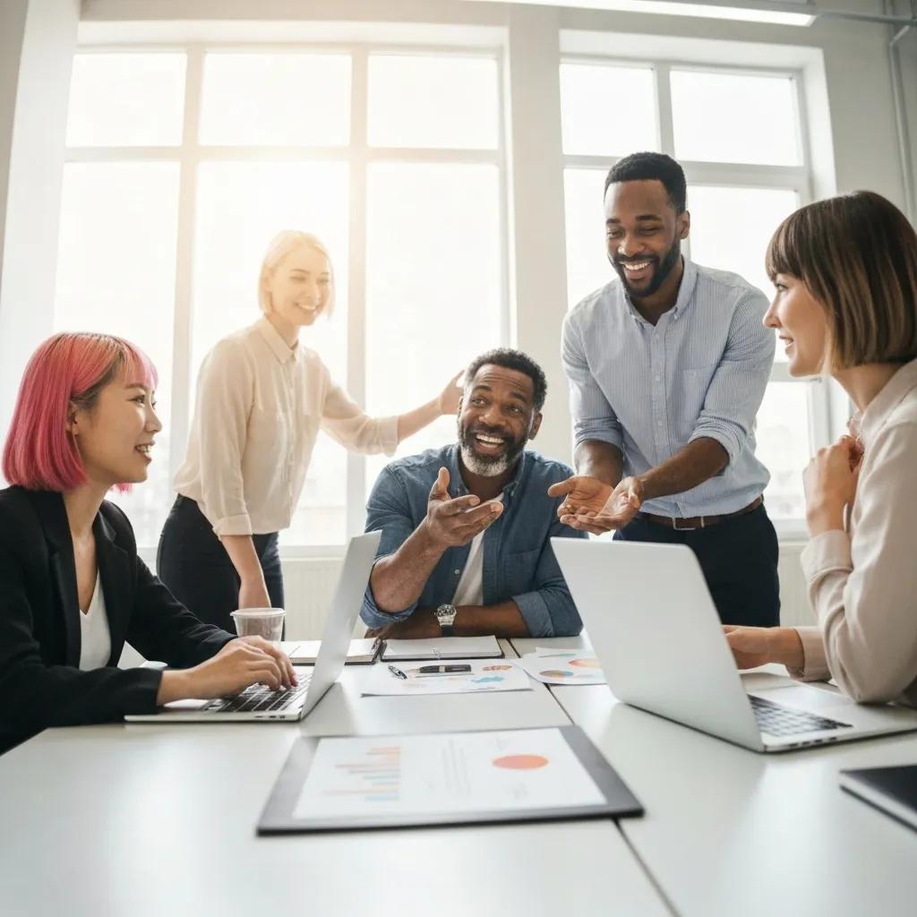 A diverse team collaborating on blog promotion strategies in a modern office setting, highlighting teamwork in driving Shopify blog traffic.