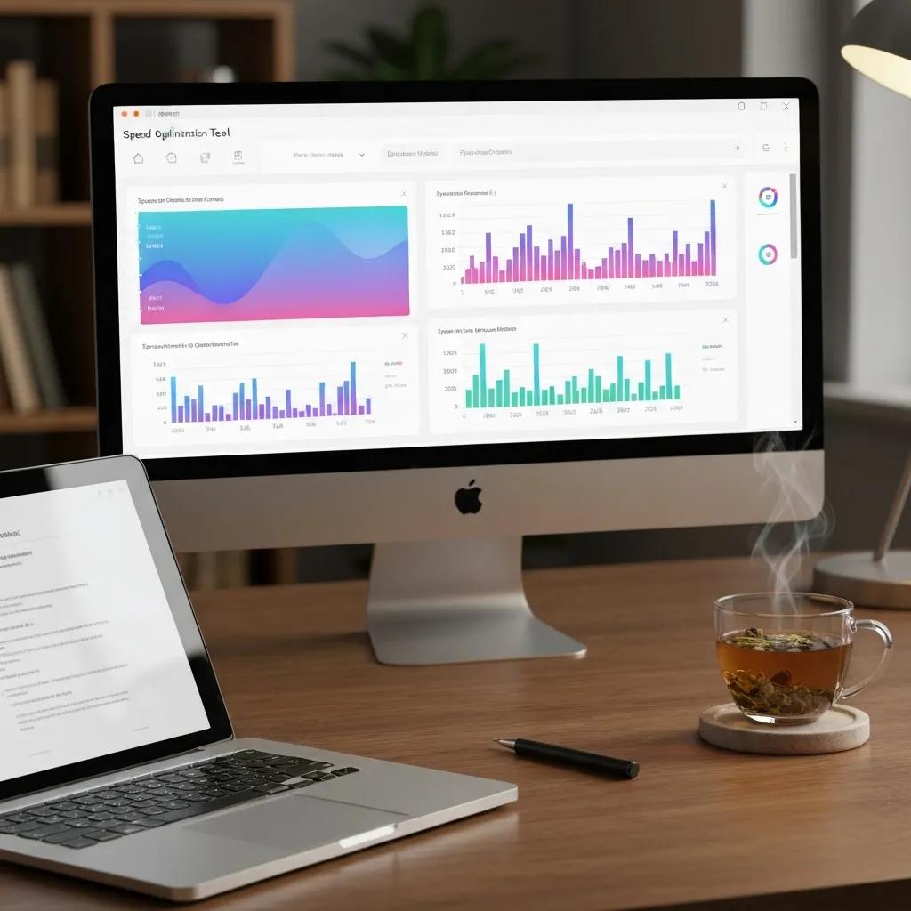 A computer screen showcasing a dynamic speed optimization tool interface with vibrant, colorful metrics