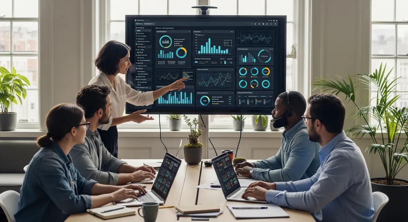 E-commerce team analyzing data to address scalability challenges in a modern office