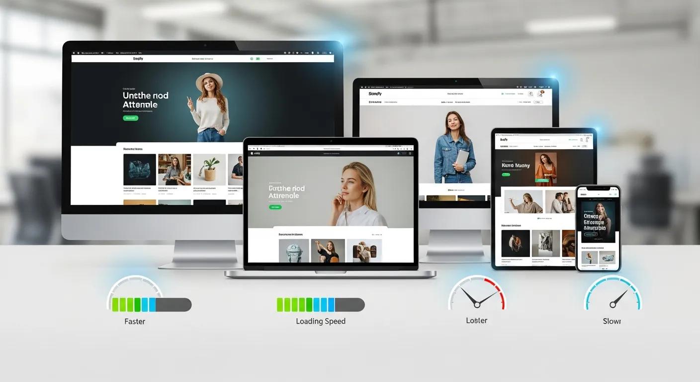 Comparison of different Shopify themes on multiple devices showcasing speed and design