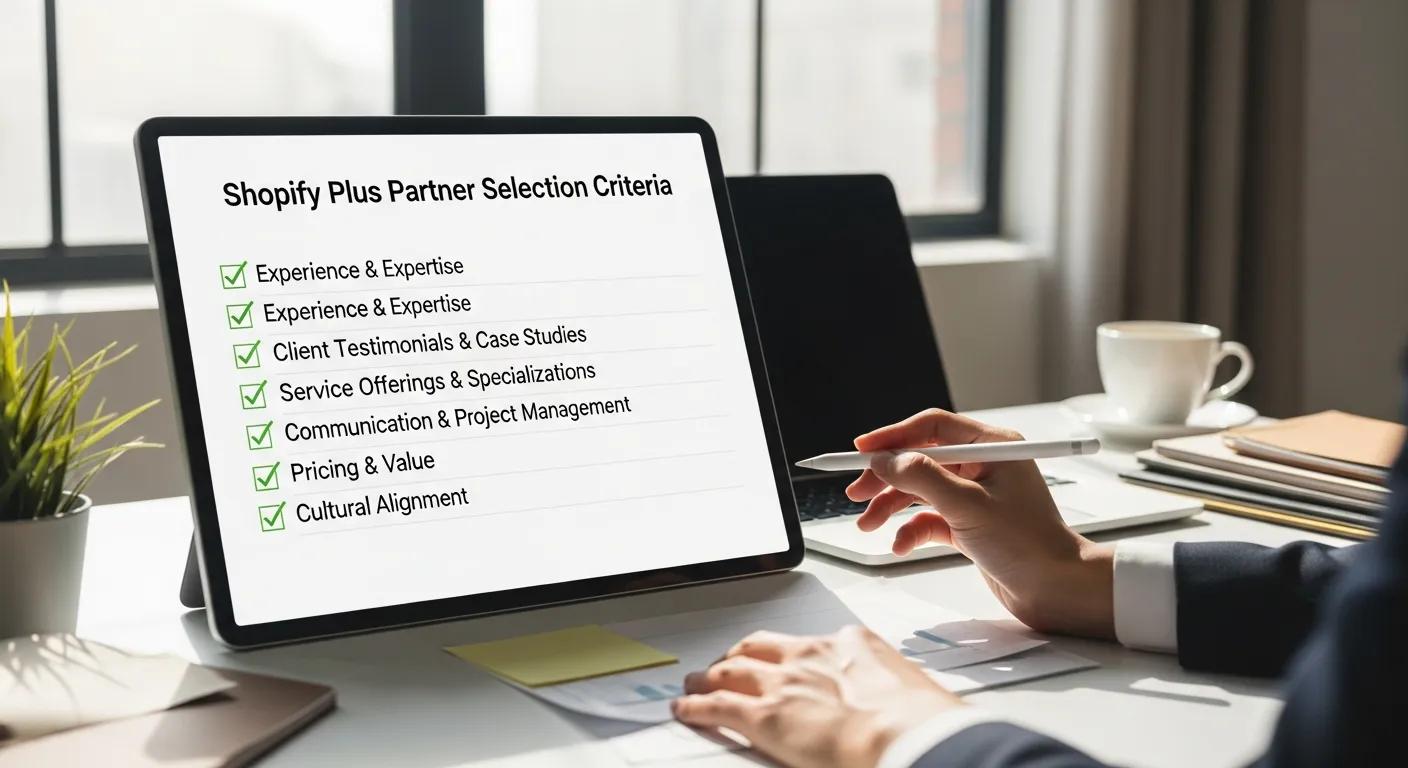 A checklist outlining key criteria for selecting the ideal Shopify Plus Partner, displayed in a professional workspace