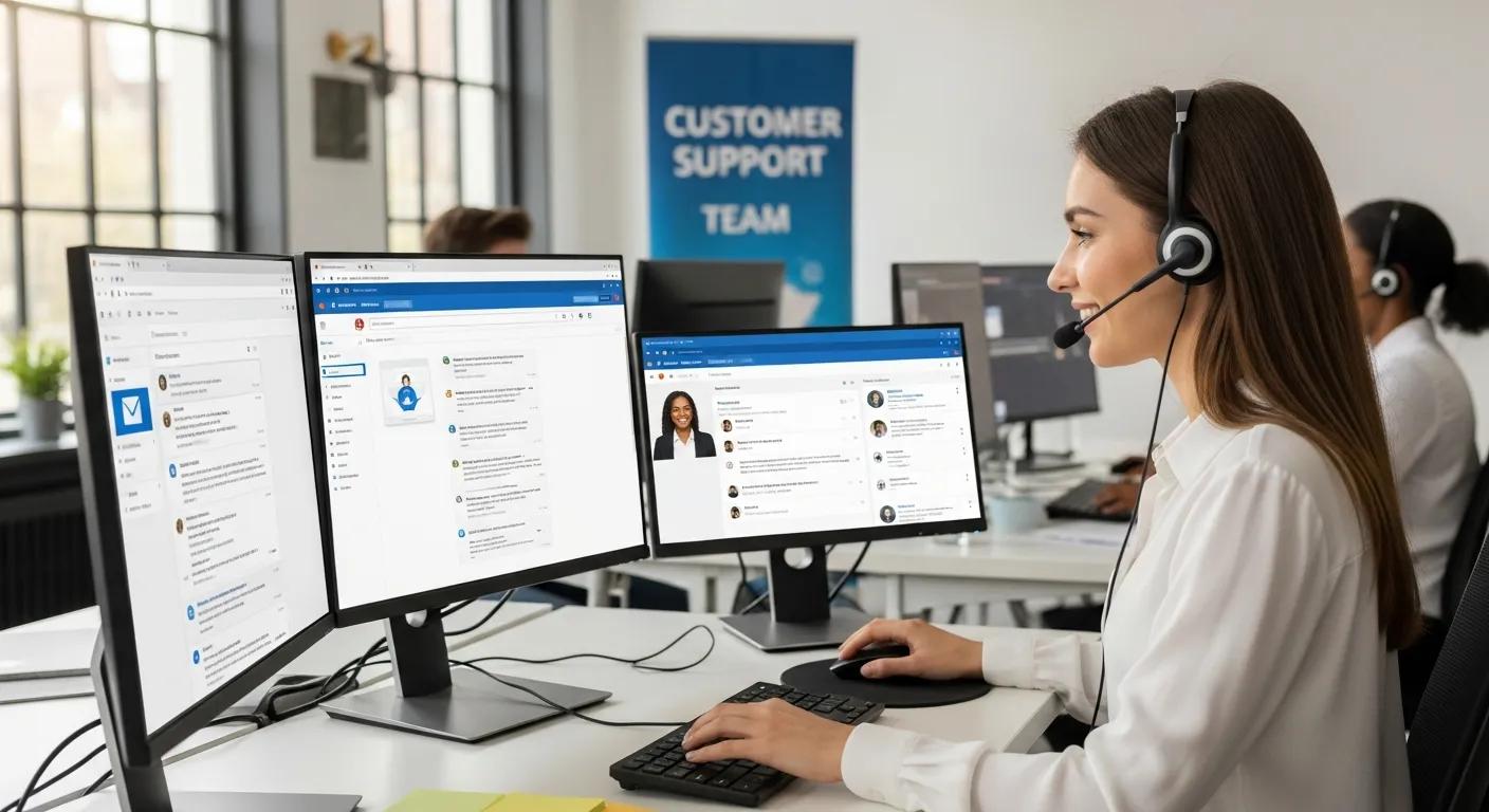 A customer support agent assisting customers via various digital communication channels