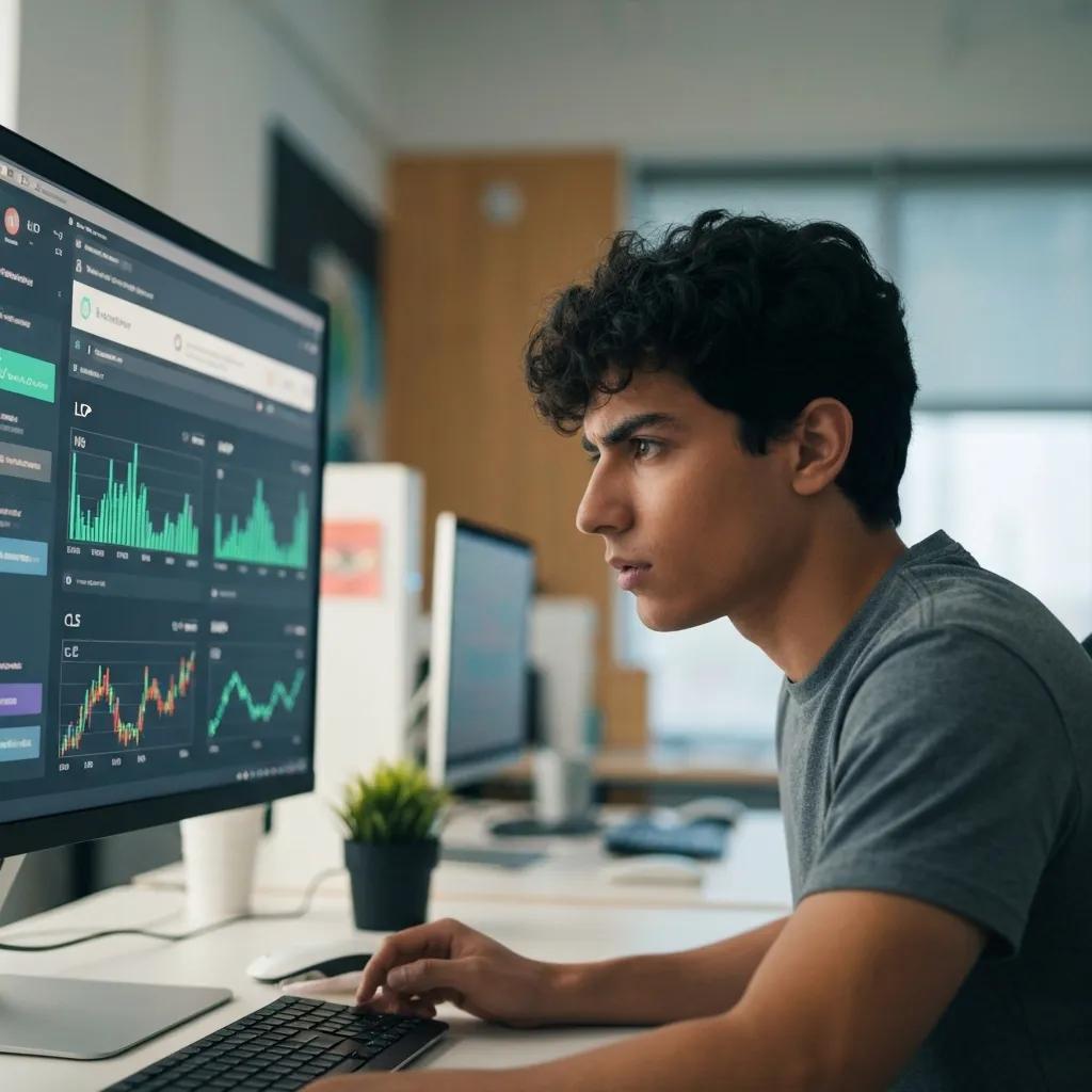 Web developer analyzing Core Web Vitals metrics on a computer screen