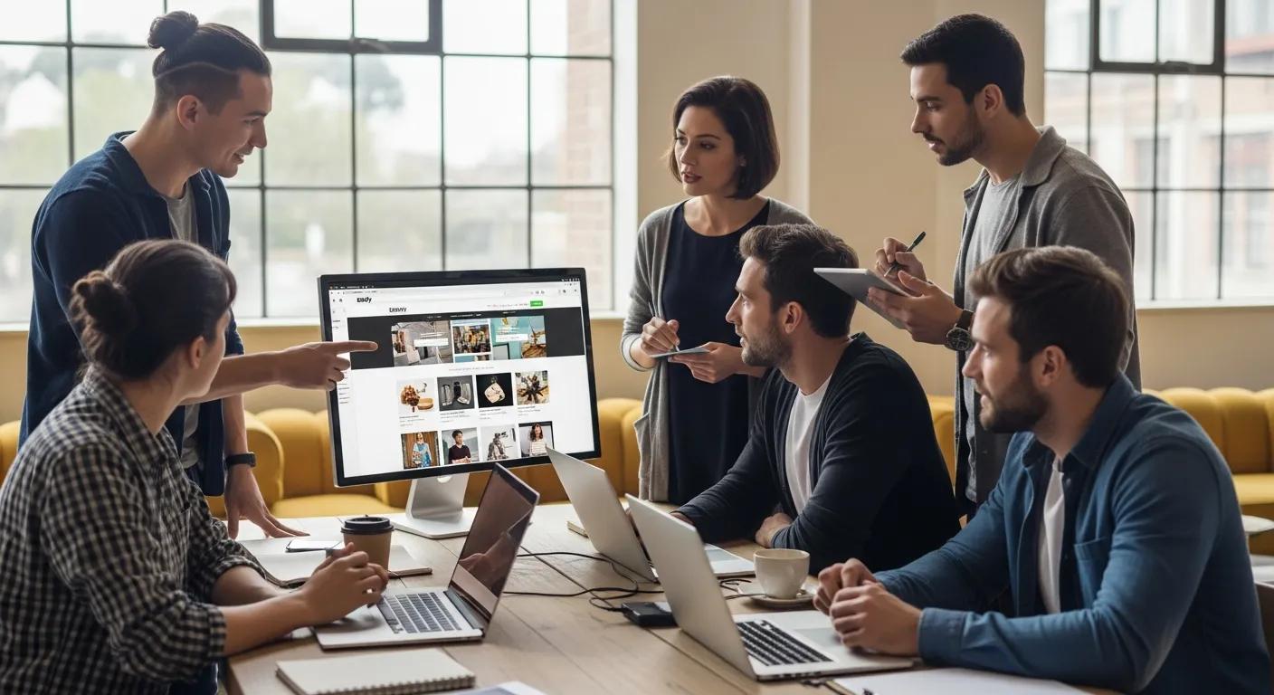 A group of diverse entrepreneurs collaborating on a Shopify store design project