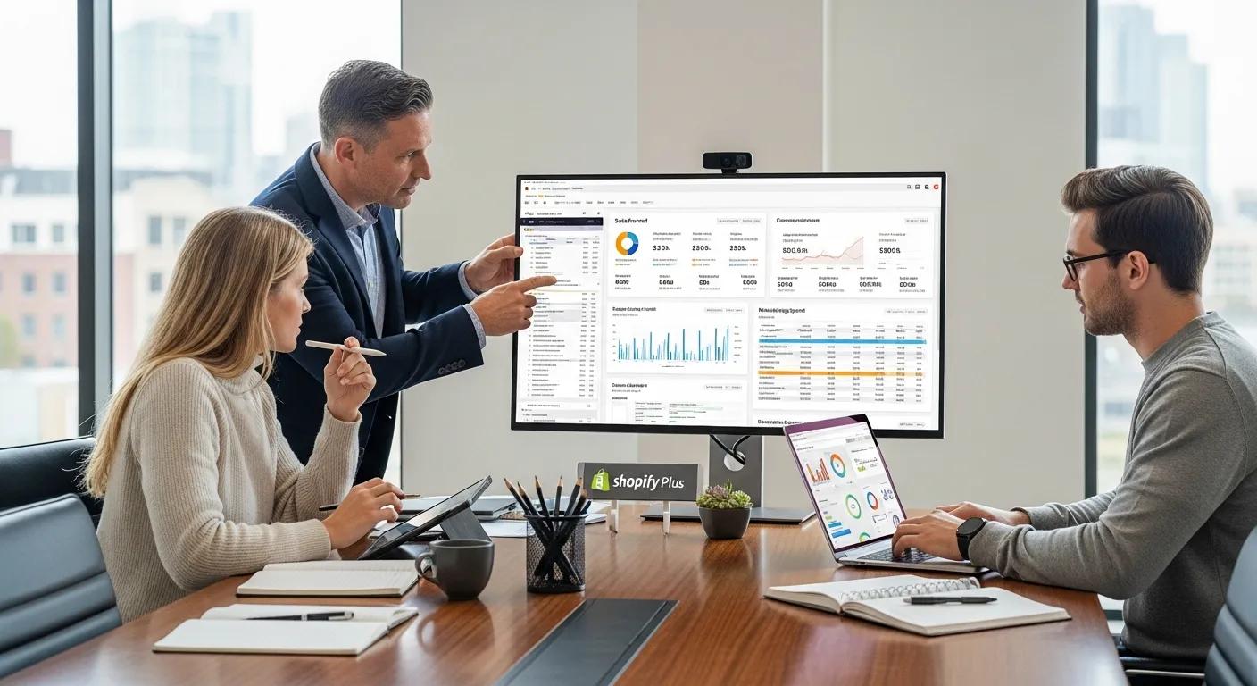 A Shopify Plus partner agency team meticulously analyzing e-commerce data to identify cost-saving opportunities