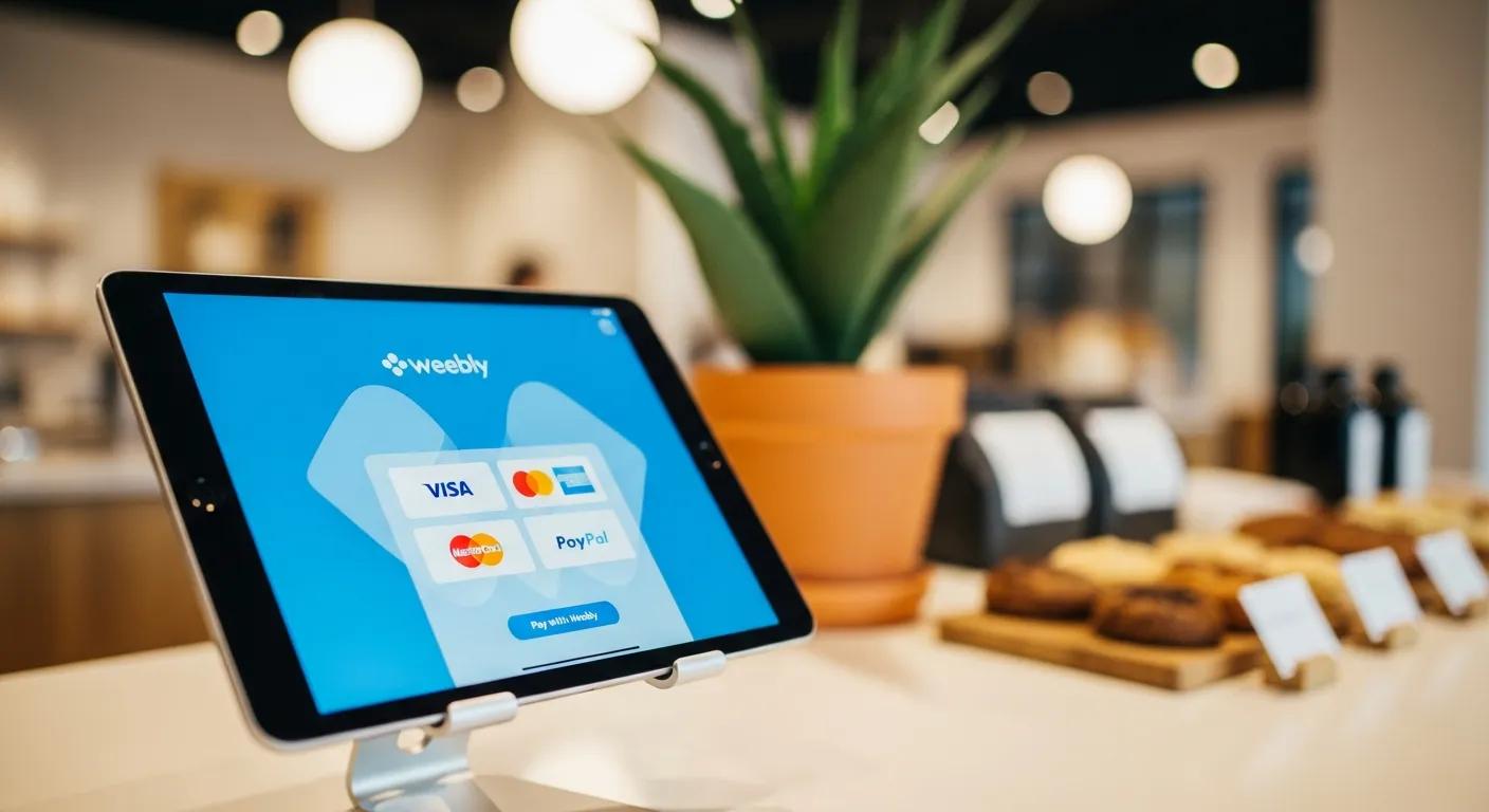 Weebly payment options displayed on a tablet in a retail environment