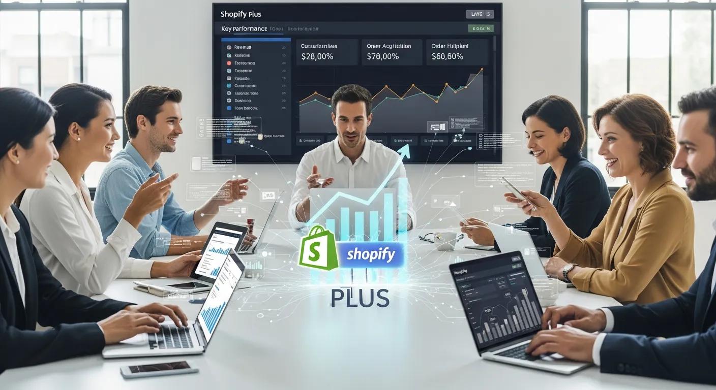 Team collaborating over digital devices, showcasing the impact of Shopify Plus automation tools on business growth