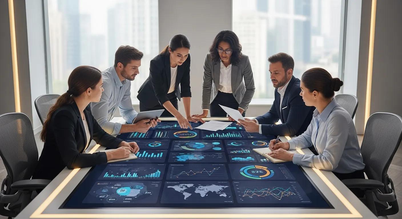 Team analyzing competitor data in a modern office, highlighting strategic business intelligence