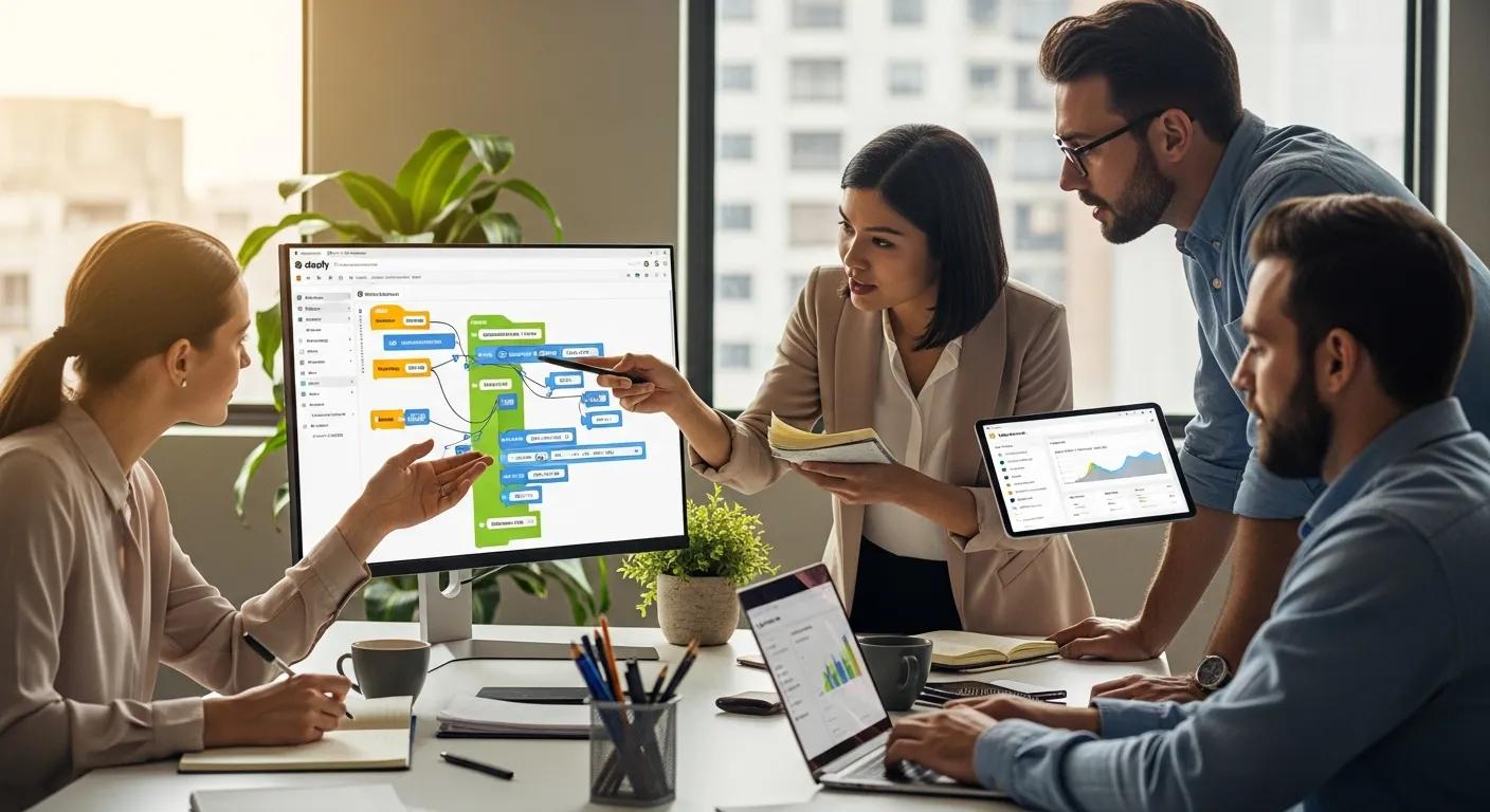Business team collaborating on Shopify Flow automation