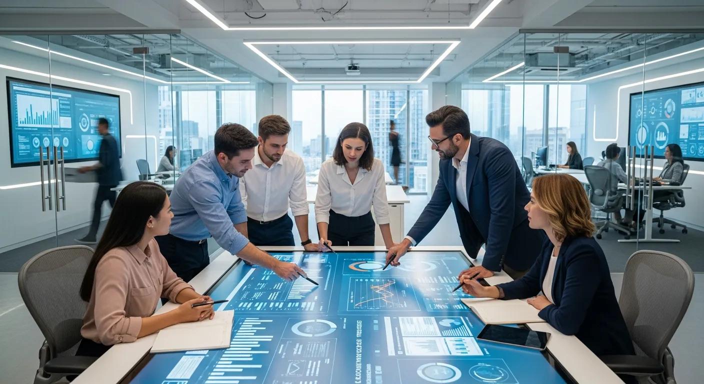 A team collaborating in a high-tech office environment, discussing e-commerce strategies.